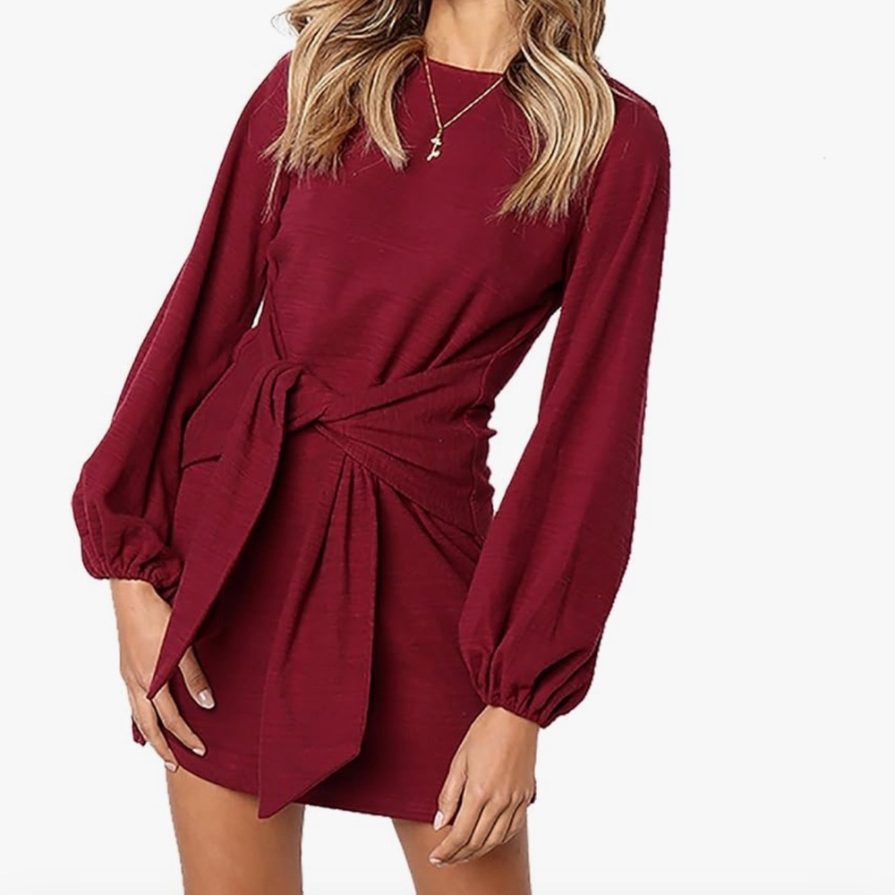 Wine Red Long Sleeve Dress with adjustable tie wrap.